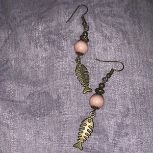 Vintage Brass Fishbone Dangle Earrings with Pink Beads